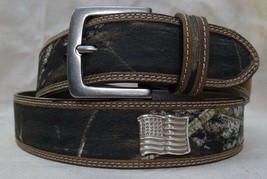 MOSSY OAK CAMO LEATHER  &amp; CANVAS BELT  - WITH &quot;AMERICAN FLAG &quot; CONCHOS  30&quot; - £9.40 GBP