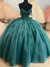 Ball Gown Beaded Quinceanera Dress Spaghetti Straps Emerald Green Quince Dress - £242.42 GBP