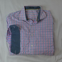 BUGATCHI Medium Classic Fit Pink Blue Check Flip Cuff Dress Shirt - £17.02 GBP