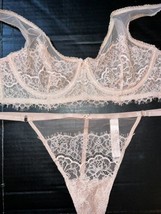 Victoria&#39;s Secret unlined 34C,34D,34DD BRA SET L,XL thong BEIGE lace mesh - £55.26 GBP