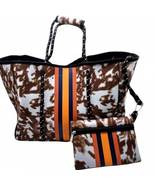 Brown Cow Print with Orange Stripes Neoprene Black Accents Tote Bag With... - £35.05 GBP