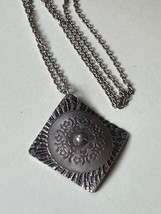 Long Silvertone Chain w Norsk Rolf Buodd Marked Pewter Tipped Square Pendant Nec - $24.09