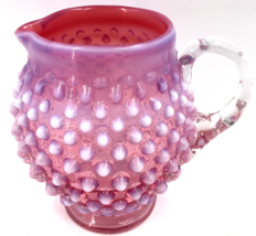 Fenton Art Glass Blue Pink Opalescent Hobnail Pitcher 4.75&quot; Clear Handle Vintage - £47.62 GBP