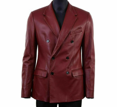 Maroon Men&#39;s Sheepskin Leather Blazer Soft Double Breasted Button Stylish Coat - £95.29 GBP+