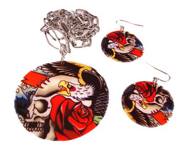 Zeckos Tattoo Skull &amp; Roses Shell Necklace &amp; Earrings Set - £11.17 GBP