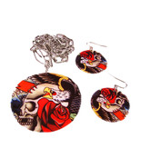 Zeckos Tattoo Skull &amp; Roses Shell Necklace &amp; Earrings Set - £11.14 GBP