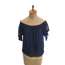 Ellison Women&#39;s Navy Blue Embroidered Trim Off The Shoulder Top Blouse S... - £14.48 GBP
