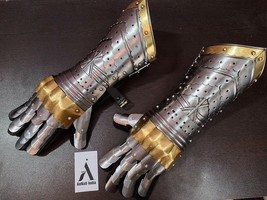 Brass Medieval Accents Gauntlet Gloves Knight Crusader Steel Armor Larp Costume - £61.54 GBP