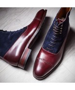 Handmade Men&#39;s two tone lace up boots for men, Men Maroon and Navy suede... - $3,317.03 MXN+