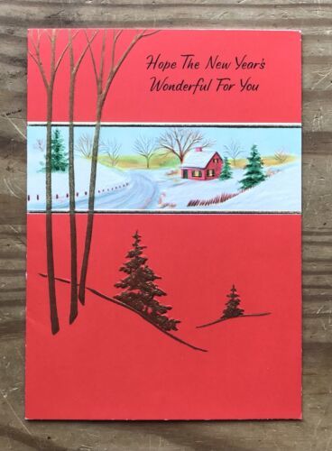 Vintage Ephemera Gibson Cabin In The Snow Pine Trees Red New Years Card - $9.90