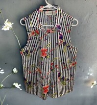Chico&#39;s Shirt Size 2 No Iron Floral Stripe Button Sleeveless Spring Summer - £15.81 GBP