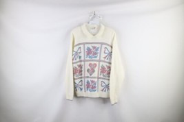 Vtg 90s Cottagecore Womens L Country Primitive Flower Knit Collared Sweater USA - £46.94 GBP