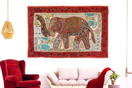 Elephant Wall Hanging Patchwork Tapestry Beaded Hand Embroidered Throw Decor 60&quot; - £58.84 GBP