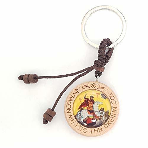 Christian Orthodox Greek Religious Keyring Keychain with Wood Icon of Saint Geor