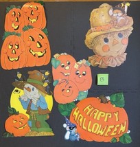 Halloween Die Cut VTG Flocked Double Sided Pumpkin Jack O Lantern Scarecrow Lot - £38.65 GBP