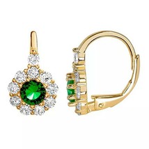 14K Yellow Gold Plated Round Cut Emerald Floral Drop Leverback Earrings 1.60 CT - £130.77 GBP