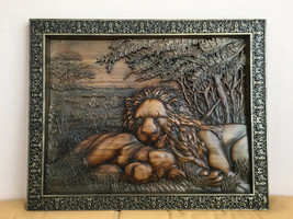 Lion Hunting Large Wood Carving Picture Gun 3D Handmade Gift Panno Wall Decor - £163.06 GBP