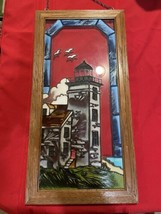 Sodus Point New York NY Lighthouse Scene Stained Wood Frame Glass  Panel window - £79.13 GBP