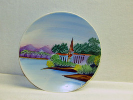 Vintage Japan Hand Painted Plate Vibrant Colors Water Trees Temple Mount... - $15.00
