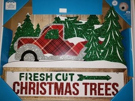Christmas Red Truck Fresh Cut Christmas Trees Led Lighted Sign Glitter Wood  - £11.11 GBP