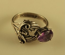 Vintage Sterling Sign Cast Navajo Feather Accent Amethyst Stone Statement Ring 8 - £37.02 GBP