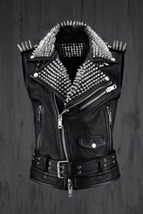  Vest Jacket Handmade Men Black Punk Silver Long Spiked Studded Leather Buttons - £180.07 GBP