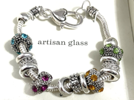 New Boxed Marcasite Multicolored Stone Bracelet Heart Closure Artisan Glass - $6.16 CAD