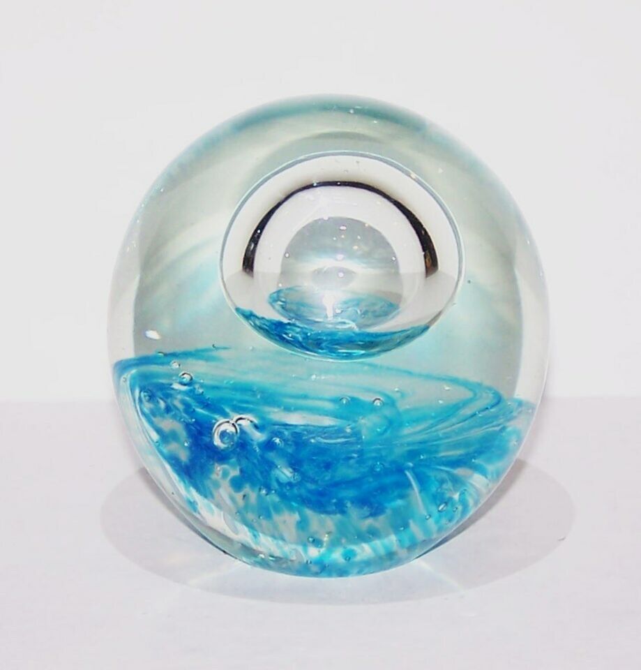 FABULOUS LARGE MURANO ART GLASS BLUE WHITE LARGE BUBBLE 4&quot; PAPERWEIGHT - $52.46