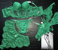 Victoria&#39;s Secret 34A,36B Bombshell Bra Set Corset+Teddy Green Lace Shine Strap - £173.87 GBP