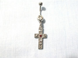 Cross With Red Heart Hand Engraved Accents On 14g Clear Cz Belly Ring Barbell - £6.35 GBP