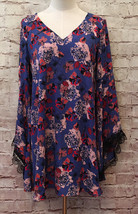 ASTR Blue Floral Bell Sleeve Lace Shift Tunic Sheer Dress V Neck Lined S... - $29.00