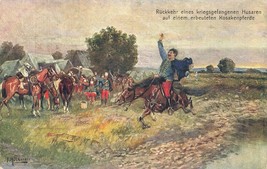 Return of Hussar prisoner of war on captured Cossack horse~WW1 MILITARY POSTCARD - £9.86 GBP