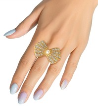 Women Clear Rhinestone &amp; Pearl Gold Plated Bow Shaped Stretch Fashion Ring - $28.42