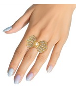 Women Clear Rhinestone &amp; Pearl Gold Plated Bow Shaped Stretch Fashion Ring - £22.65 GBP