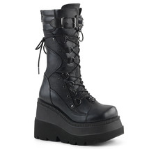 DEMONIA SHAKER-70 Womens Wedge Platform Lace-Up Mid Calf Stud Straps Black Boots - £92.12 GBP