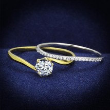Elegant Two Tone Solitaire CZ Swirl Band Gold Plated Wedding Bridal Ring Set - £69.15 GBP