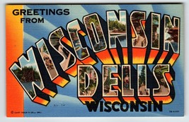 Greetings From Wisconsin Dells Large Big Letter City Postcard Curt Teich... - $13.78