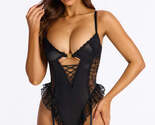 Lace After Dark Satin Lace Teddy With Garter Straps - Black - $5.00