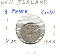 New Zealand 3 Pence, 1953, Copper-Nickel, Y25.1, Queen Elizabeth II - $2.00