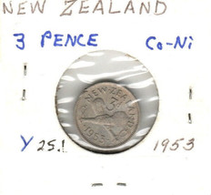 New Zealand 3 Pence, 1953, Copper-Nickel, Y25.1, Queen Elizabeth II - $2.73 CAD