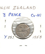 New Zealand 3 Pence, 1953, Copper-Nickel, Y25.1, Queen Elizabeth II - £1.49 GBP