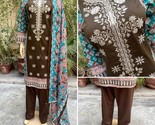 Pakistani Dark Brown Printed Straight Shirt 3-PCS Lawn Suit w/ Threadwor... - £43.76 GBP