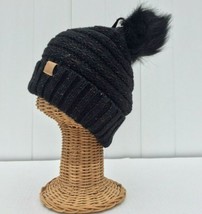 Winter Warm Black Knit Stretch Beanie Hat With Silver Foiled Faux Fur Pom Pom #A - $16.98