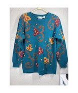 Vintage Weathervane Dark Teal Fall Autumn Leaves Handknit Oversized Swea... - $930.30 MXN