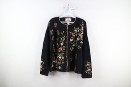 Vintage 90s Country Primitive Womens M Embroidered Flower Knit Cardigan Sweater - £39.11 GBP