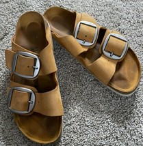 Birkenstock Women&#39;s Size 10 Eu 41 Arizona Big Buckle Apricot Nubuck Slides - Euc - £40.05 GBP