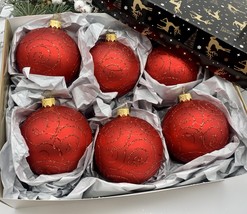 Set of 6 red Christmas glass balls, hand painted ornaments with gifted box - $71.25