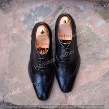 Men&#39;s Handmade pure Black leather oxford wingtip lace up Custom Made Dress Shoes - $167.94