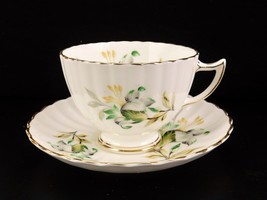 Radfords Teacup &amp; Saucer, Green Tulips &amp; Leaves, Ribbed, Scalloped, Gold Trim - £19.31 GBP