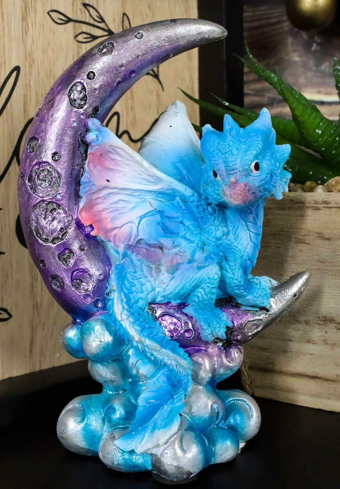Pastel Blue Dream Baby Dragon Wyrmling Sitting On Purple Crescent Moon F... - $17.99